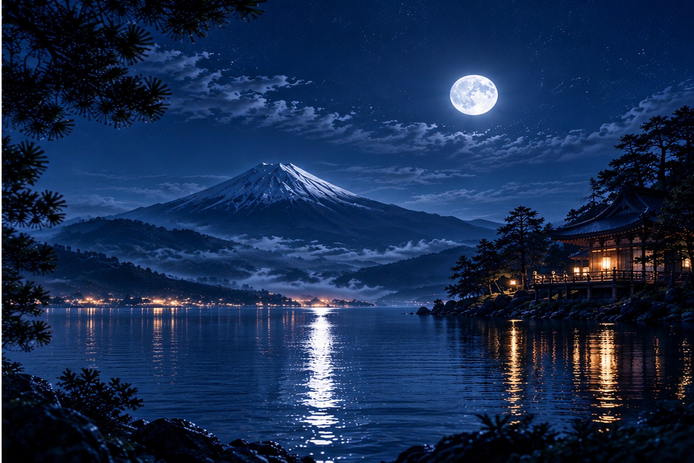 Mount Fuji under a full moon, above a still lake and a lantern-lit temple