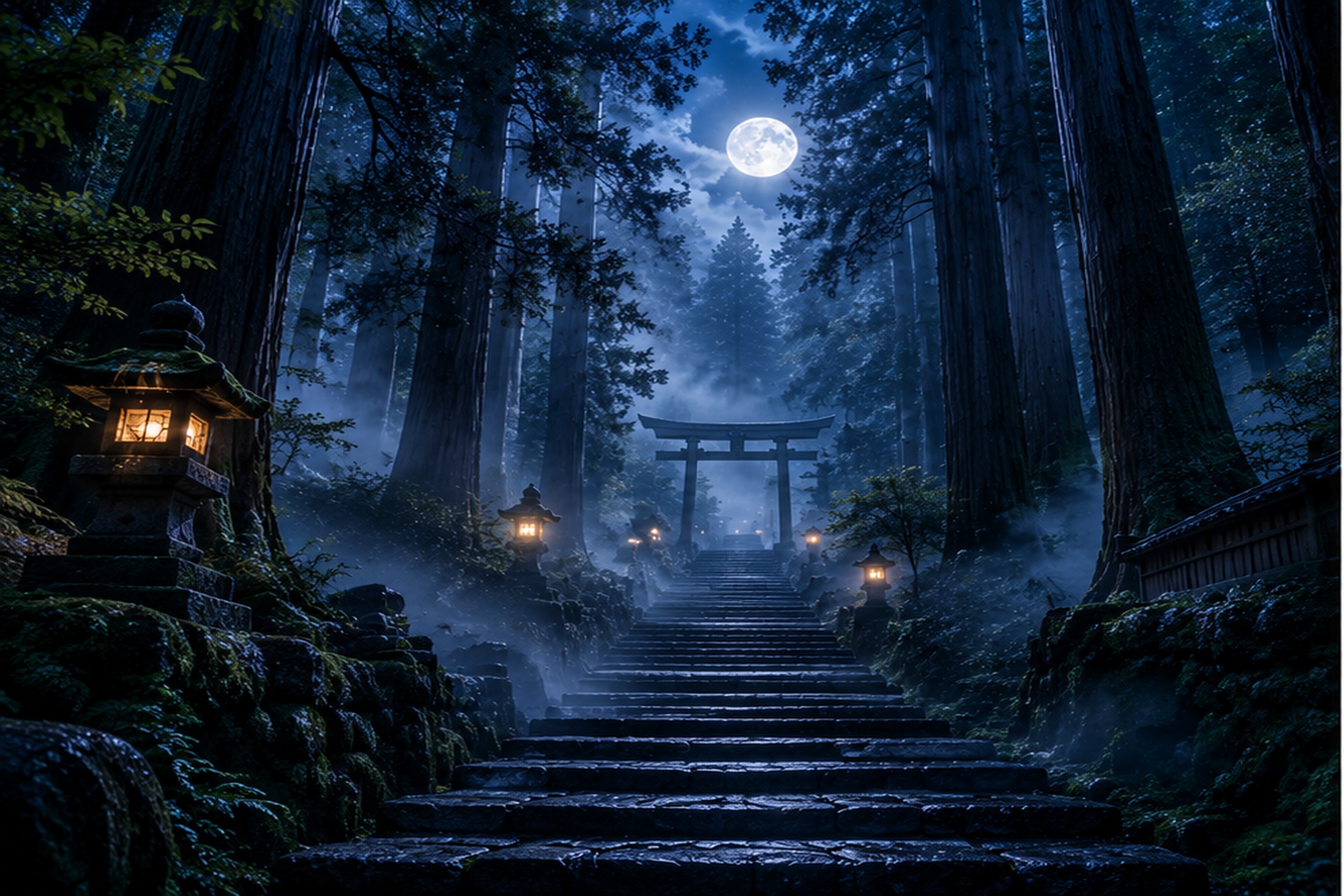 Moss-covered stone steps leading through a cedar forest to a torii gate